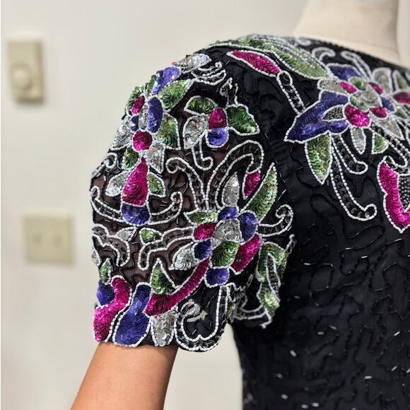 Vintage Black Sequin Beaded Cocktail Dress Floral Short Sleeve 80s/90s Glam Lg - Picture 6 of 11